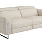 83" Beige Italian Leather USB Reclining Sofa With Silver Legs