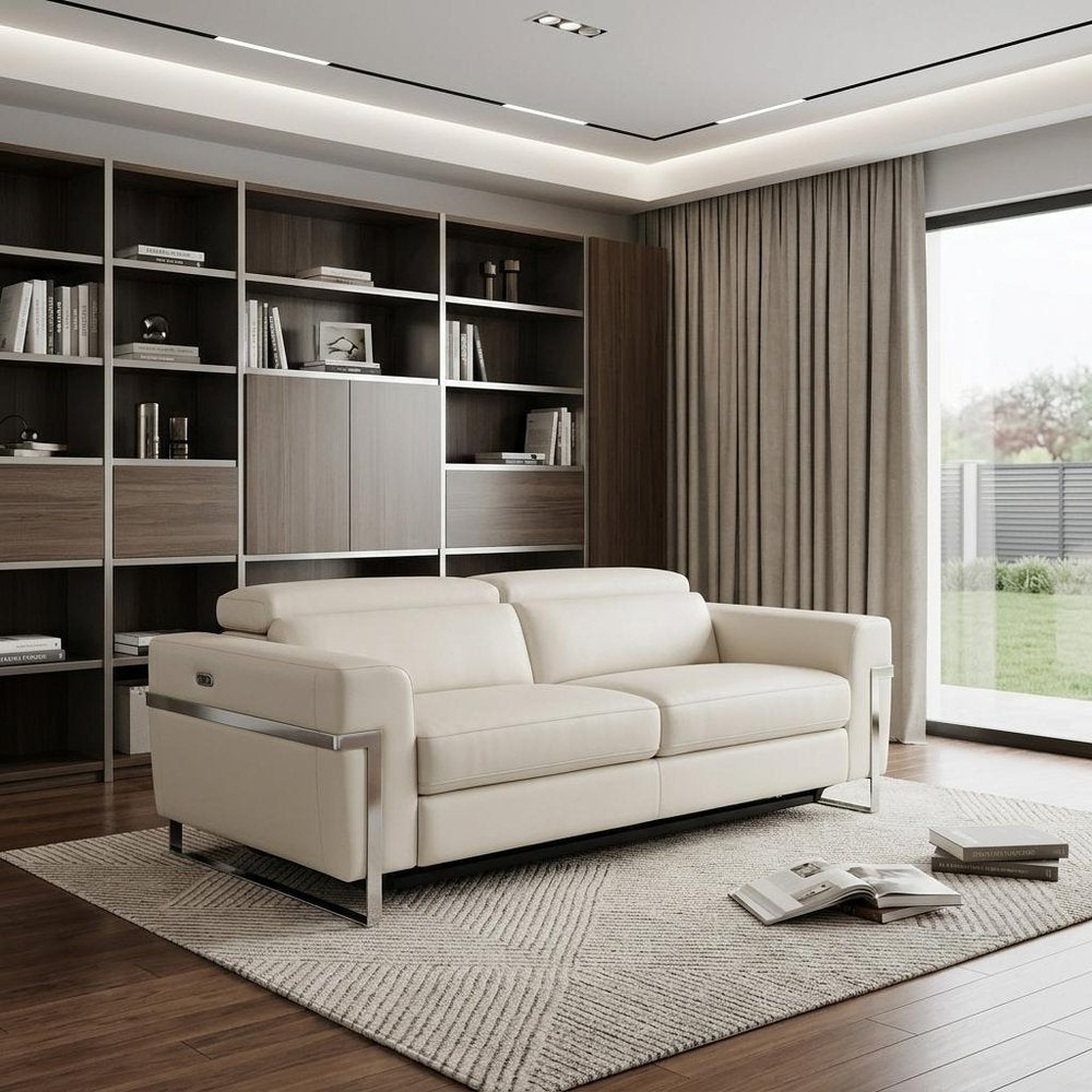 83" Beige Italian Leather USB Reclining Sofa With Silver Legs