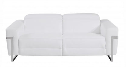 83" White Italian Leather USB Reclining Sofa With Chrome Legs