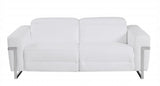 83" White Italian Leather USB Reclining Sofa With Chrome Legs