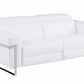 83" White Italian Leather USB Reclining Sofa With Chrome Legs
