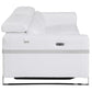 83" White Italian Leather USB Reclining Sofa With Chrome Legs