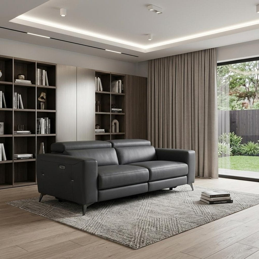 83" Gray Italian Leather USB Reclining Sofa With Black Legs