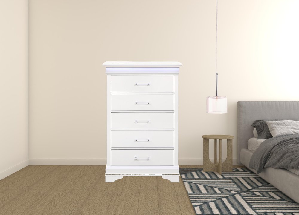 59" White Solid Wood Six Drawer Double Dresser with LED