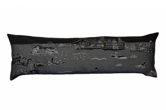 14" X 45" Dark Gray And White Hawaii Nighttime Skyline Lumbar Decorative Pillow