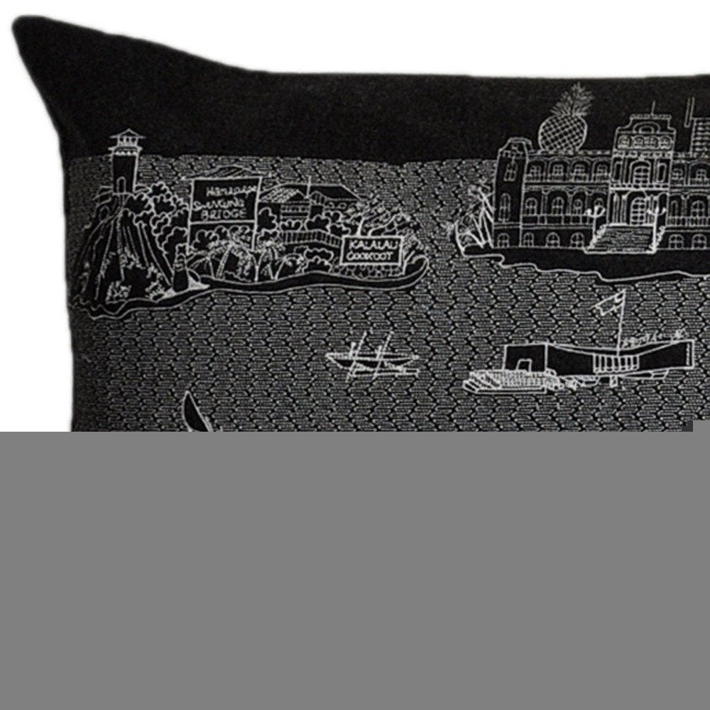 14" X 45" Dark Gray And White Hawaii Nighttime Skyline Lumbar Decorative Pillow