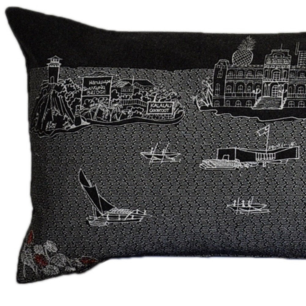 14" X 45" Black Gray and White Hometown Pride Wool Lumbar Throw Pillow