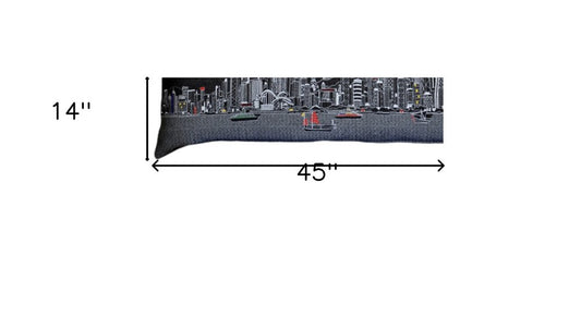 14" X 45" Dark Gray And White Hong Kong Nighttime Skyline Lumbar Decorative Pillow