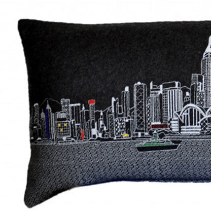 14" X 45" Dark Gray And White Hong Kong Nighttime Skyline Lumbar Decorative Pillow