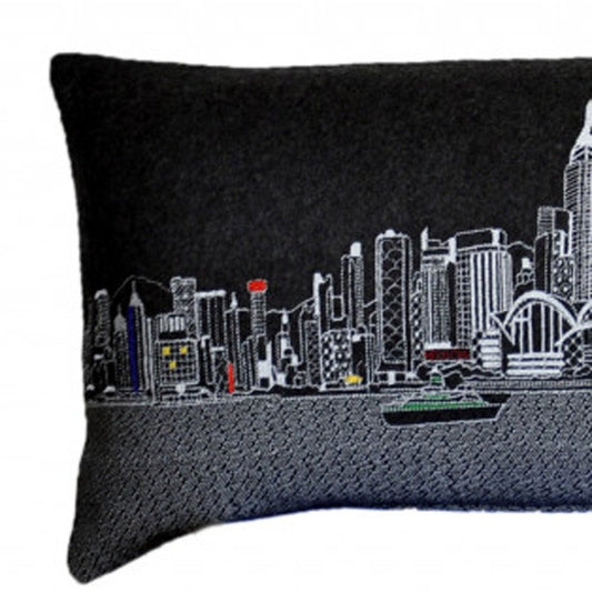14" X 45" Dark Gray And White Hong Kong Nighttime Skyline Lumbar Decorative Pillow