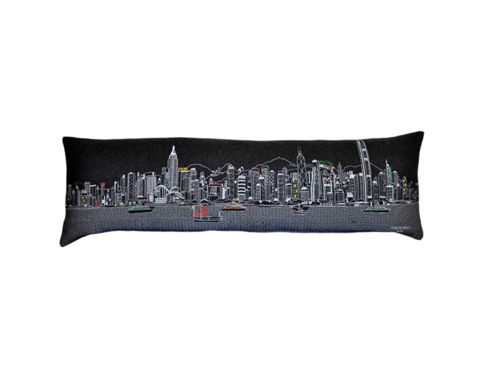14" X 45" Dark Gray And White Hong Kong Nighttime Skyline Lumbar Decorative Pillow