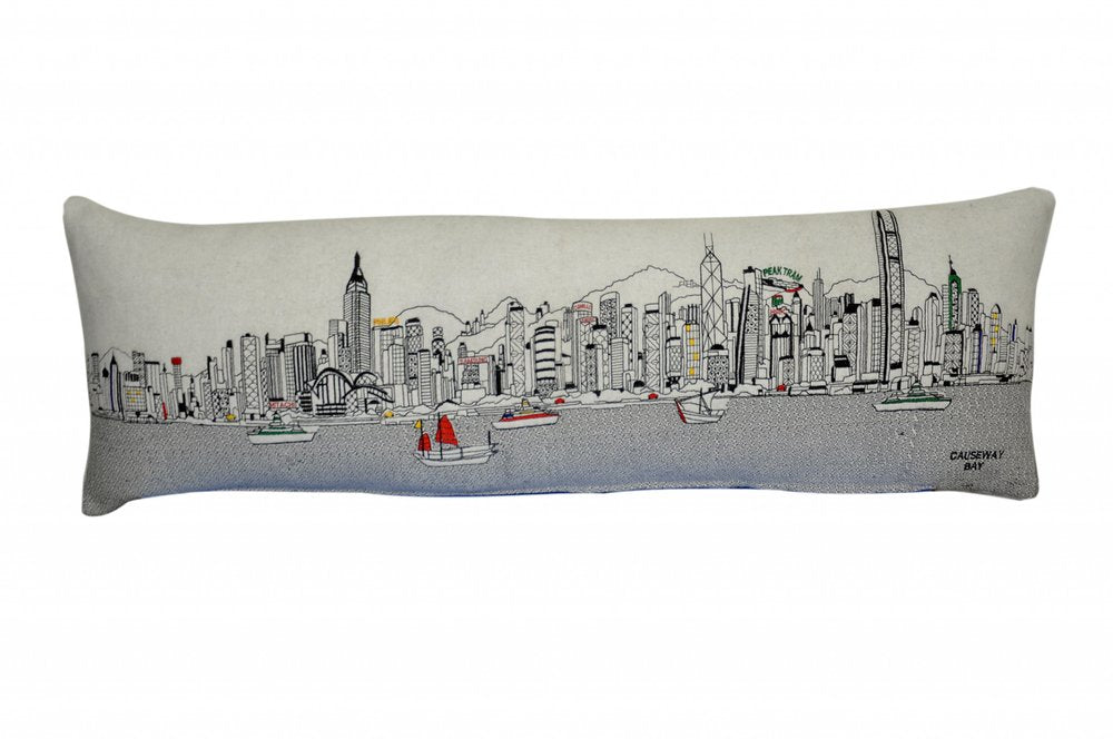 14" X 45" Cream Hong Kong Daylight Skyline Lumbar Decorative Pillow