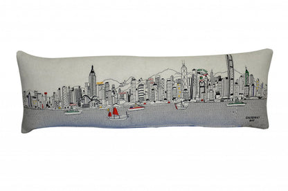 14" X 45" Cream Hong Kong Daylight Skyline Lumbar Decorative Pillow