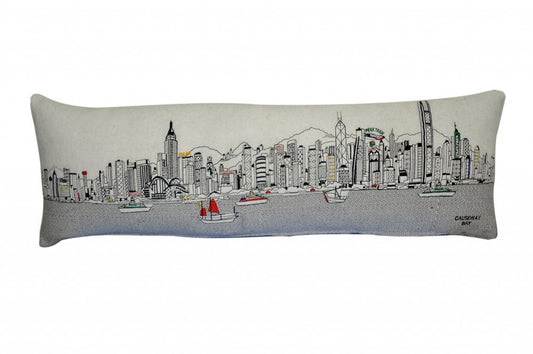 14" X 45" Cream Hong Kong Daylight Skyline Lumbar Decorative Pillow