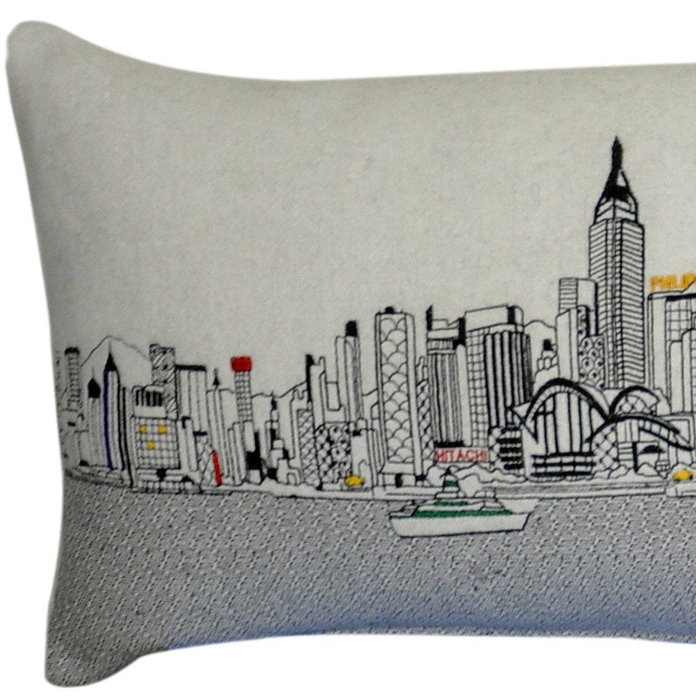 14" X 45" Cream Hong Kong Daylight Skyline Lumbar Decorative Pillow