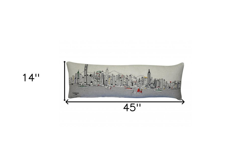 14" X 45" Cream Hong Kong Daylight Skyline Lumbar Decorative Pillow