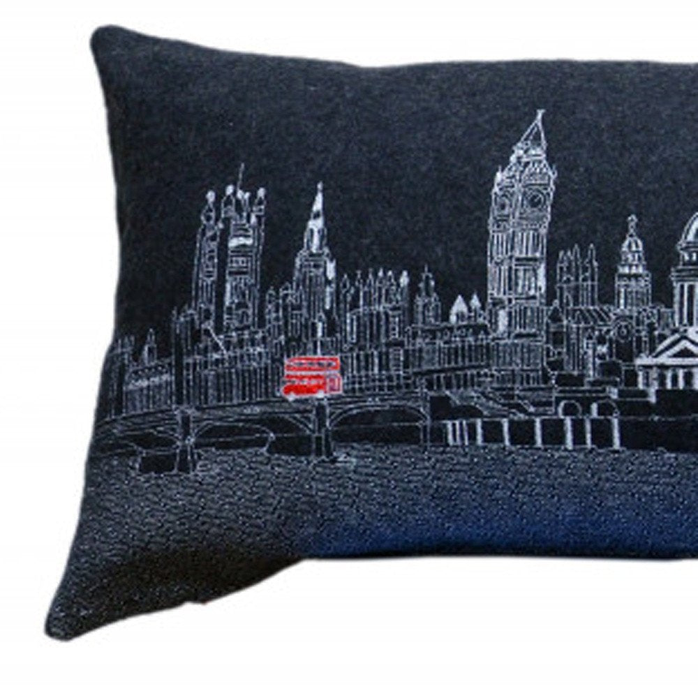 14" X 45" Dark Gray And White London Nighttime Skyline Lumbar Decorative Pillow