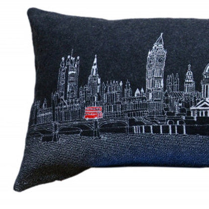 14" X 45" Dark Gray And White London Nighttime Skyline Lumbar Decorative Pillow