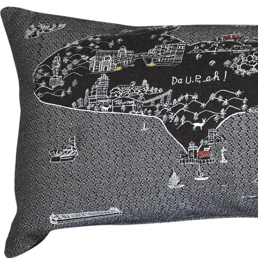 14" X 46" Dark Gray And White Michigan Nighttime Skyline Lumbar Decorative Pillow