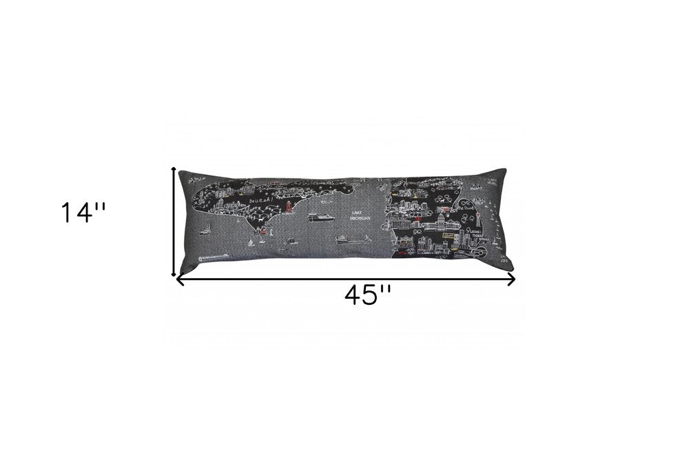 14" X 46" Dark Gray And White Michigan Nighttime Skyline Lumbar Decorative Pillow