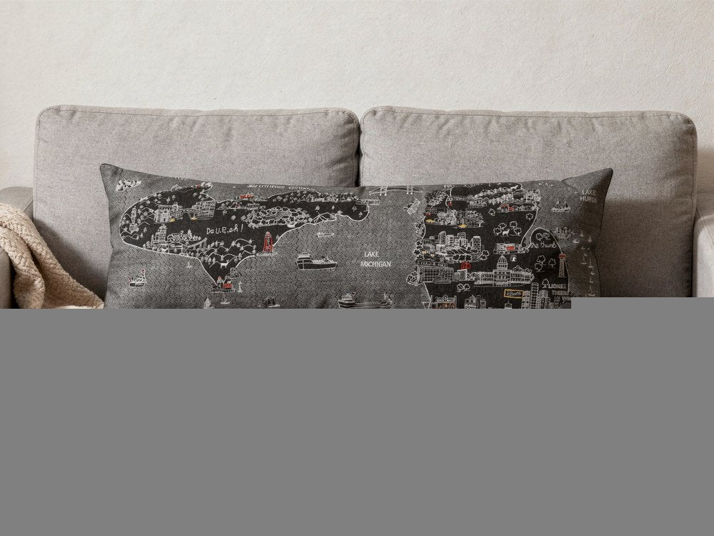 14" X 46" Dark Gray And White Michigan Nighttime Skyline Lumbar Decorative Pillow