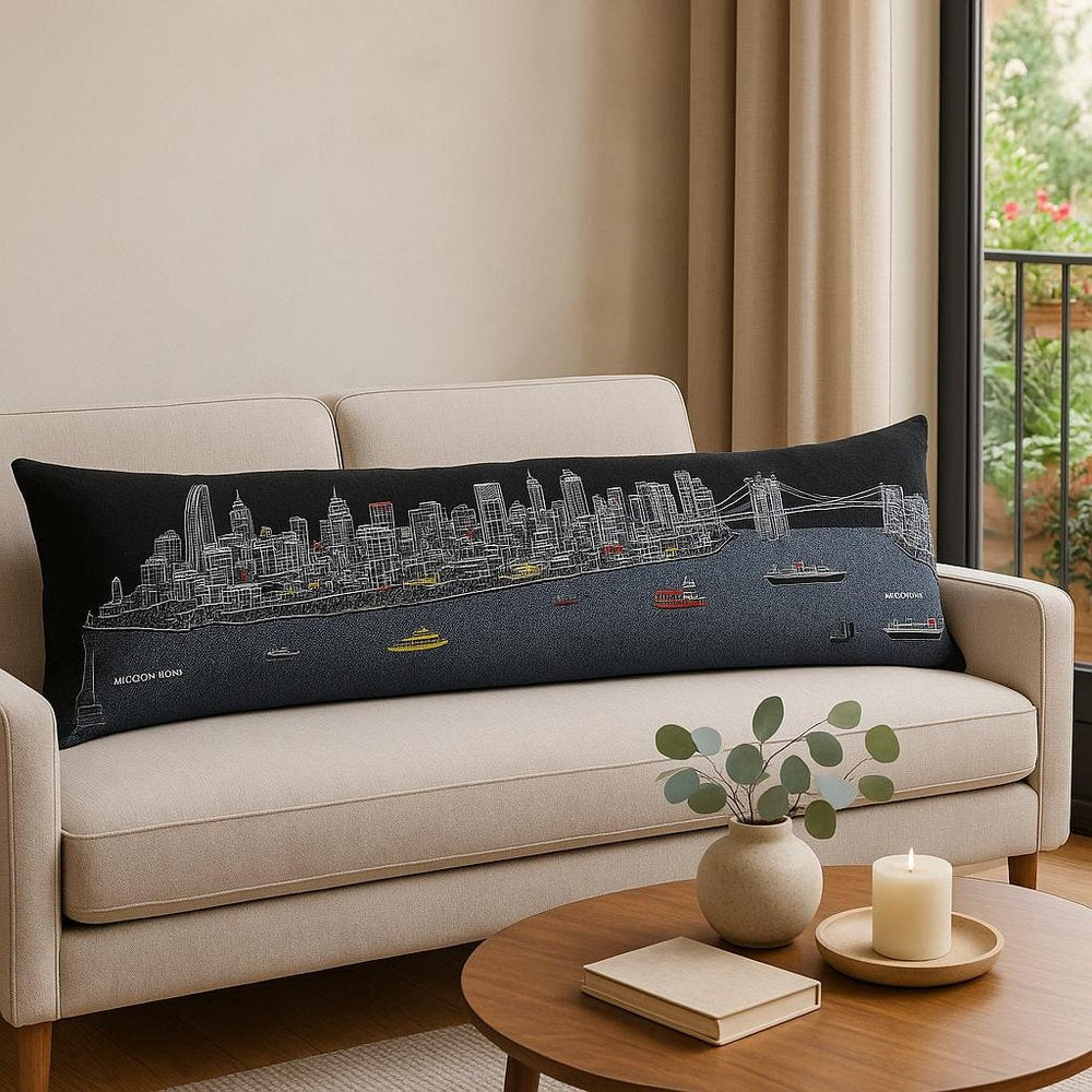 14" X 46" Dark Gray And White NYC Nighttime Skyline Lumbar Decorative Pillow