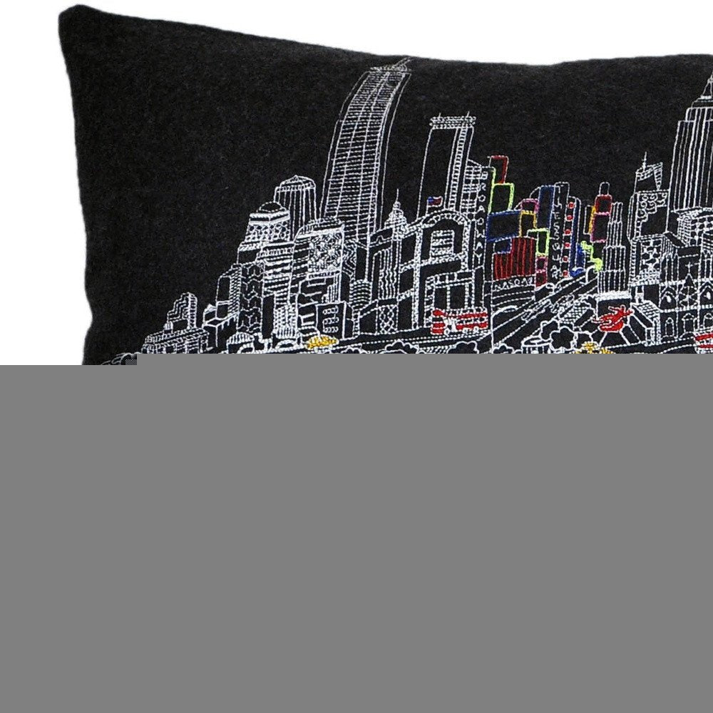 14" X 46" Dark Gray And White NYC Nighttime Skyline Lumbar Decorative Pillow