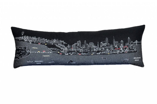 14" X 46" Dark Gray And White Philadelphia Nighttime Skyline Lumbar Decorative Pillow