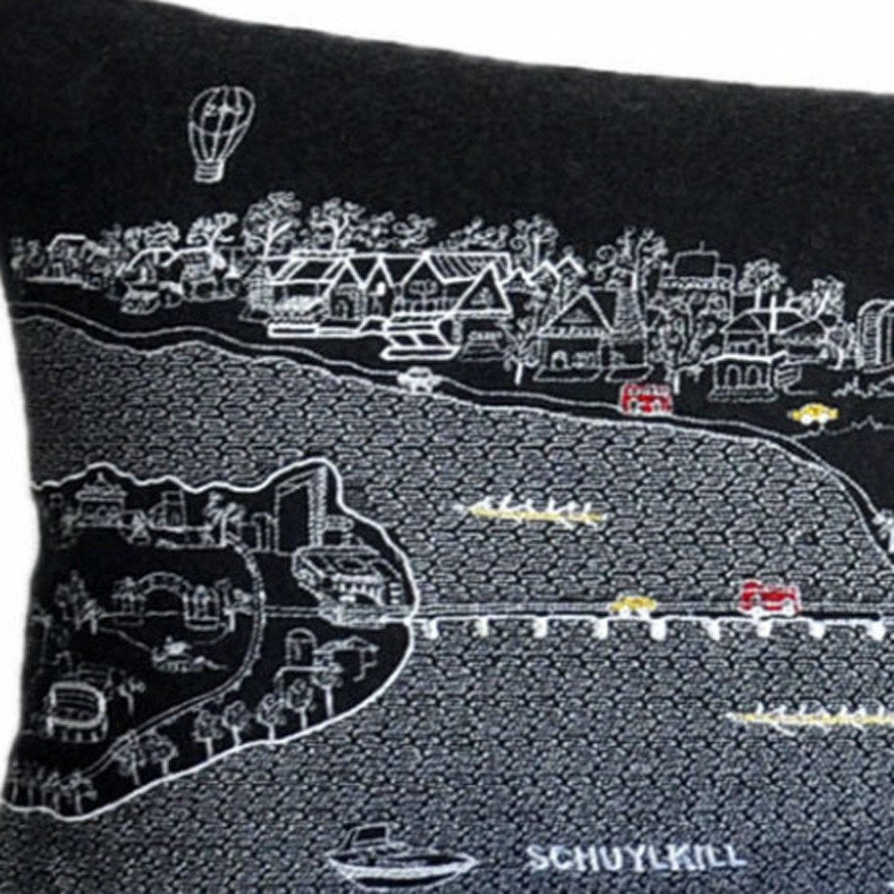 14" X 46" Dark Gray And White Philadelphia Nighttime Skyline Lumbar Decorative Pillow