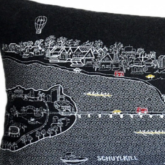 14" X 46" Dark Gray And White Philadelphia Nighttime Skyline Lumbar Decorative Pillow