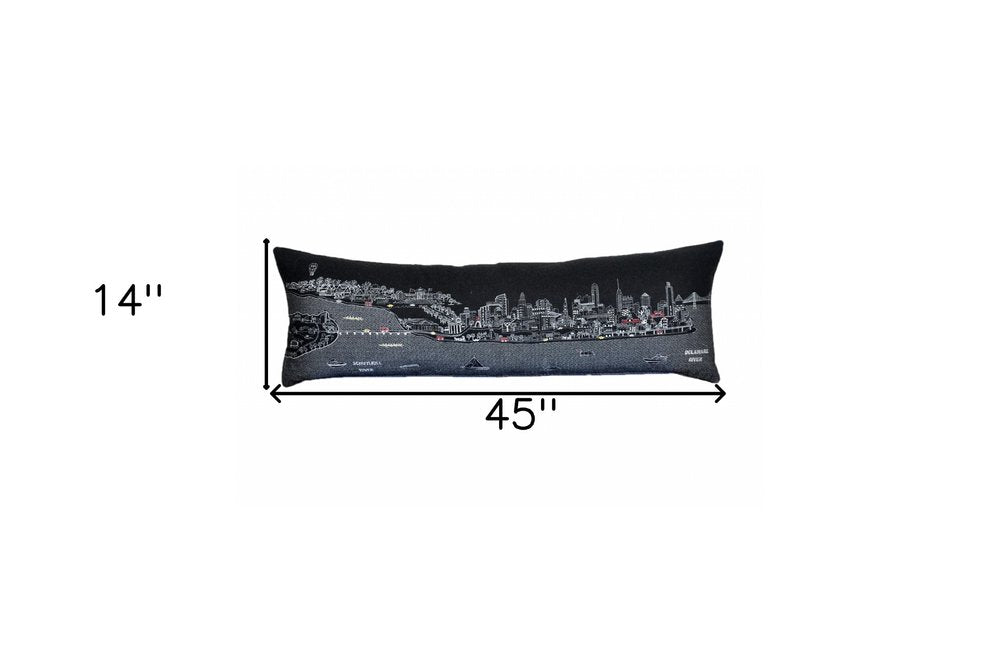 14" X 46" Dark Gray And White Philadelphia Nighttime Skyline Lumbar Decorative Pillow