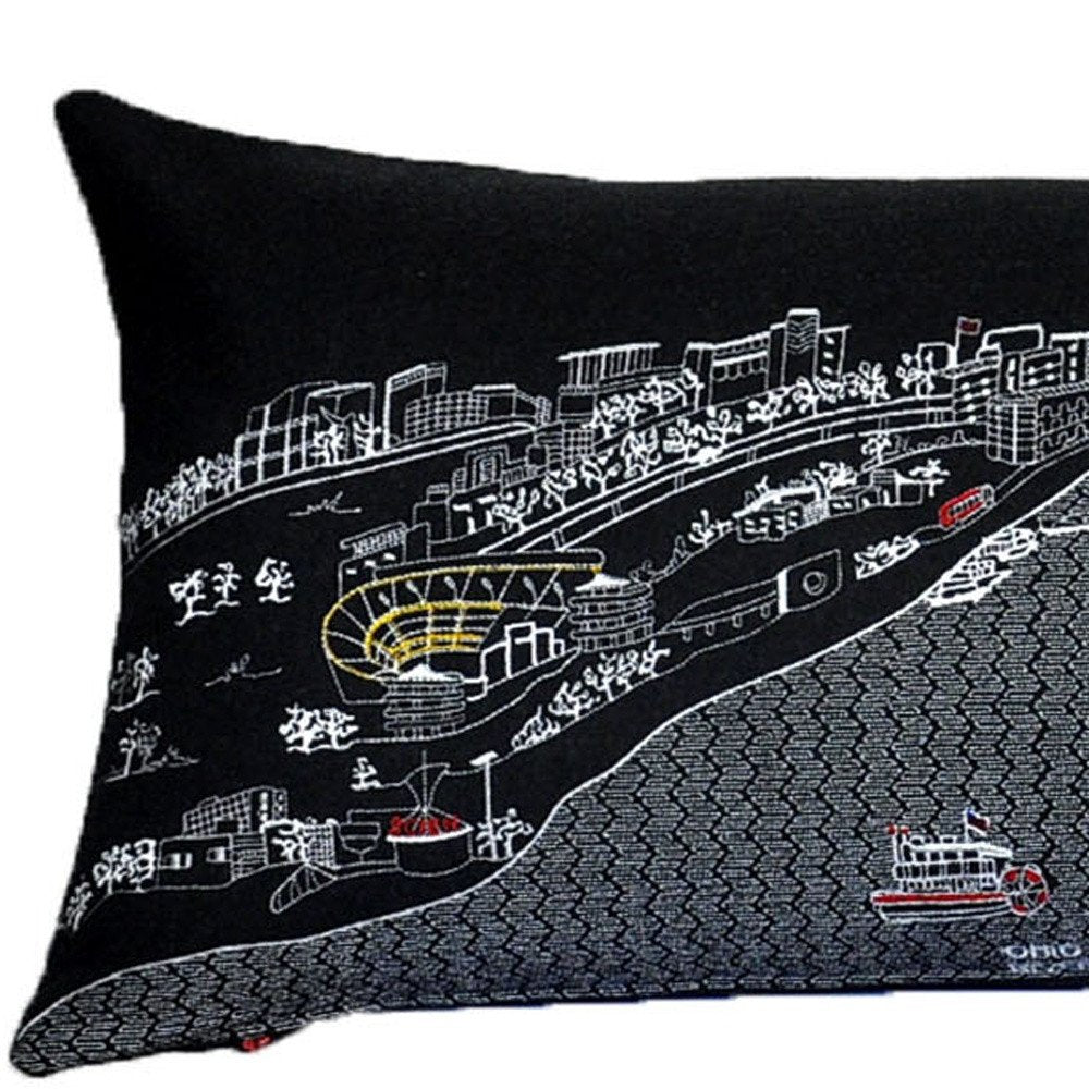 14" X 46" Dark Gray And White Pittsburgh Nighttime Skyline Lumbar Decorative Pillow