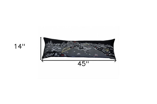 14" X 46" Dark Gray And White Pittsburgh Nighttime Skyline Lumbar Decorative Pillow