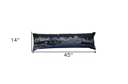 14" X 46" Dark Gray And White Rome Nighttime Skyline Lumbar Decorative Pillow