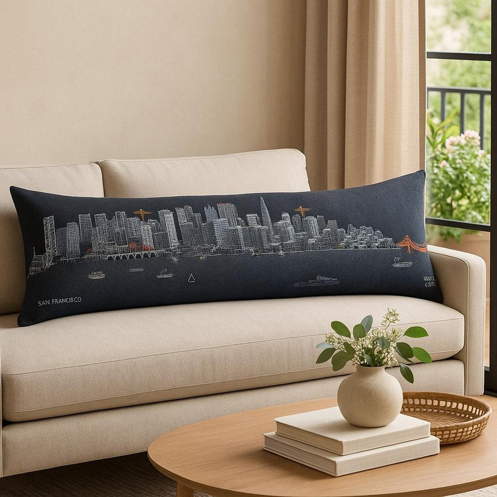 14" X 46" Dark Gray And White San Francisco Nighttime Skyline Lumbar Decorative Pillow