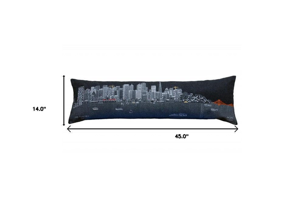 14" X 46" Dark Gray And White San Francisco Nighttime Skyline Lumbar Decorative Pillow