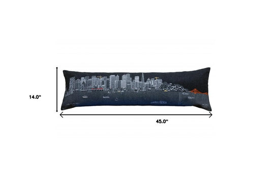 14" X 46" Dark Gray And White San Francisco Nighttime Skyline Lumbar Decorative Pillow