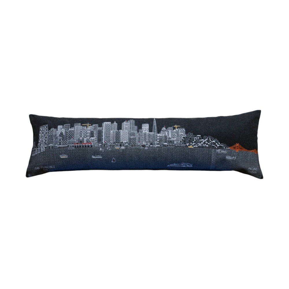 14" X 46" Dark Gray And White San Francisco Nighttime Skyline Lumbar Decorative Pillow