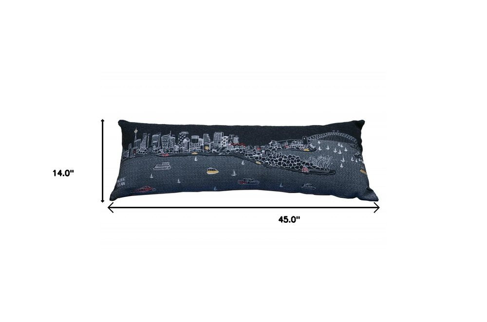 14" X 46" Dark Gray And White Sydney Nighttime Skyline Lumbar Decorative Pillow