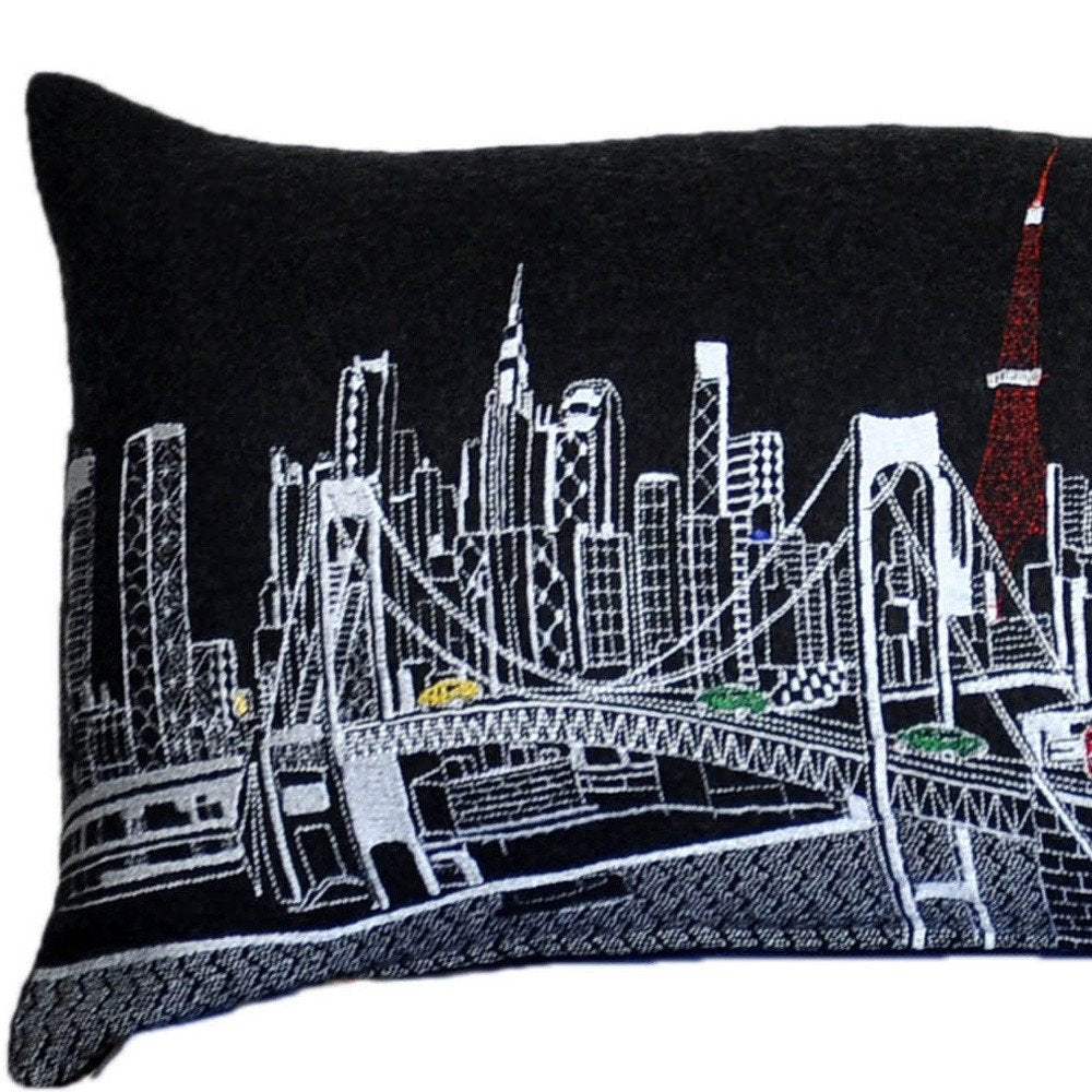 14" X 46" Dark Gray And White Tokyo Nighttime Skyline Lumbar Decorative Pillow