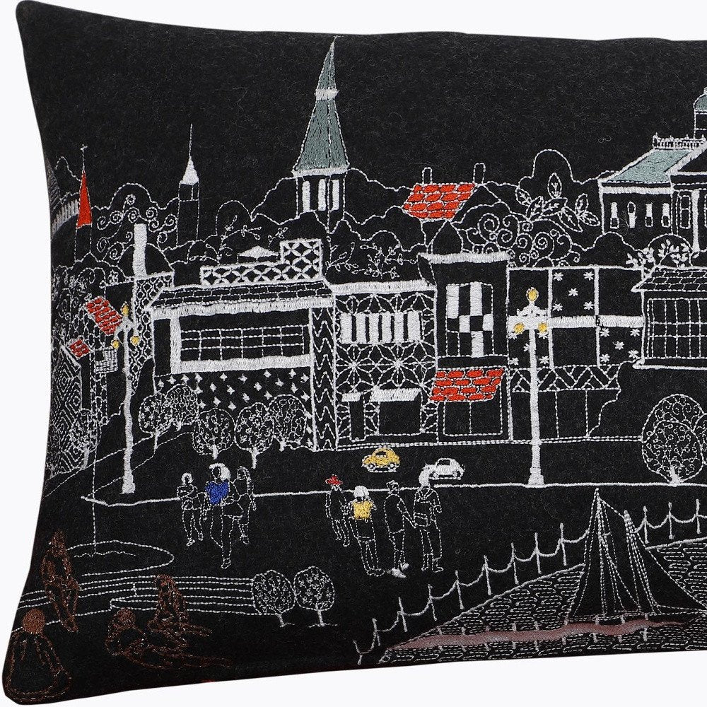 14" X 24" Dark Gray And White Annapolis Nighttime Skyline Lumbar Decorative Pillow