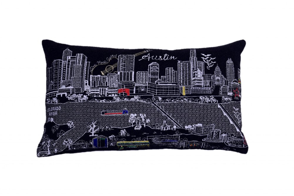 14" X 24" Dark Gray And White Austin Nighttime Skyline Lumbar Decorative Pillow