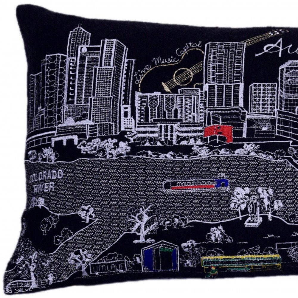 14" X 24" Dark Gray And White Austin Nighttime Skyline Lumbar Decorative Pillow