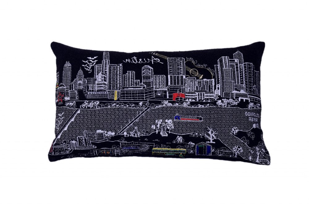 14" X 24" Dark Gray And White Austin Nighttime Skyline Lumbar Decorative Pillow