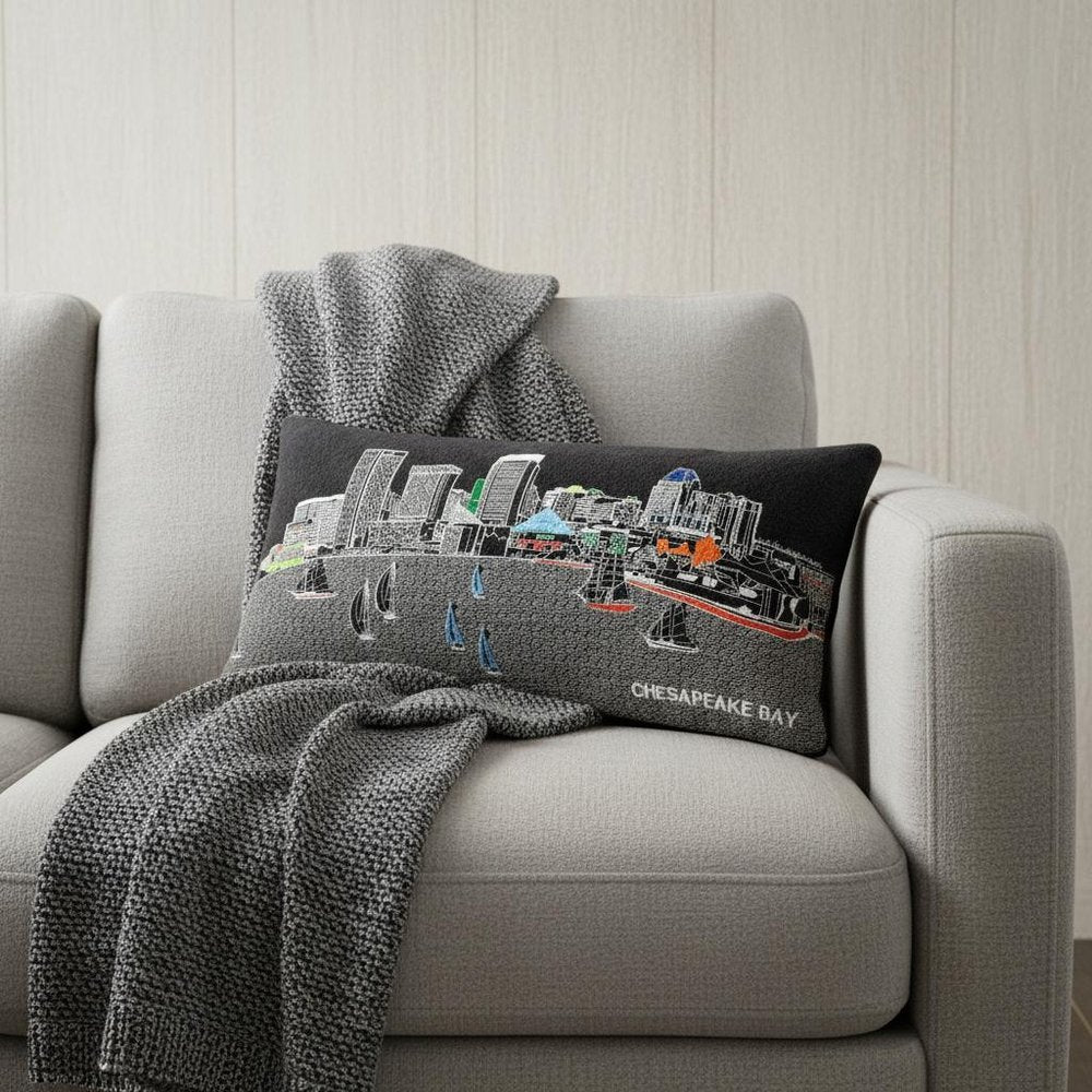 14" X 24" Dark Gray And White Baltimore Nighttime Skyline Lumbar Decorative Pillow