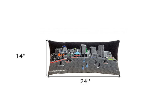 14" X 24" Dark Gray And White Baltimore Nighttime Skyline Lumbar Decorative Pillow