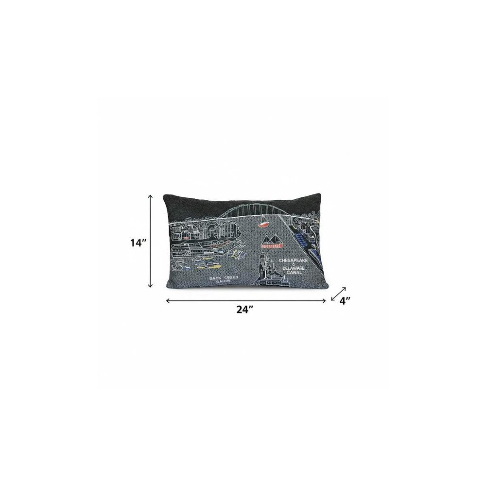 14" X 24" Dark Gray And White Chesapeake Nighttime Skyline Lumbar Decorative Pillow