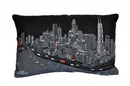 14" X 24" Dark Gray And White Chicago Nighttime Skyline Lumbar Decorative Pillow