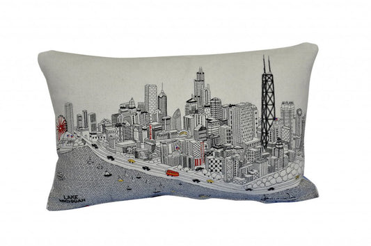 14" X 24" Cream Chicago Daylight Skyline Lumbar Decorative Pillow
