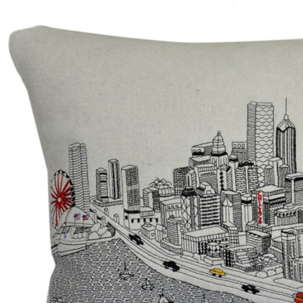 14" X 24" Cream Chicago Daylight Skyline Lumbar Decorative Pillow